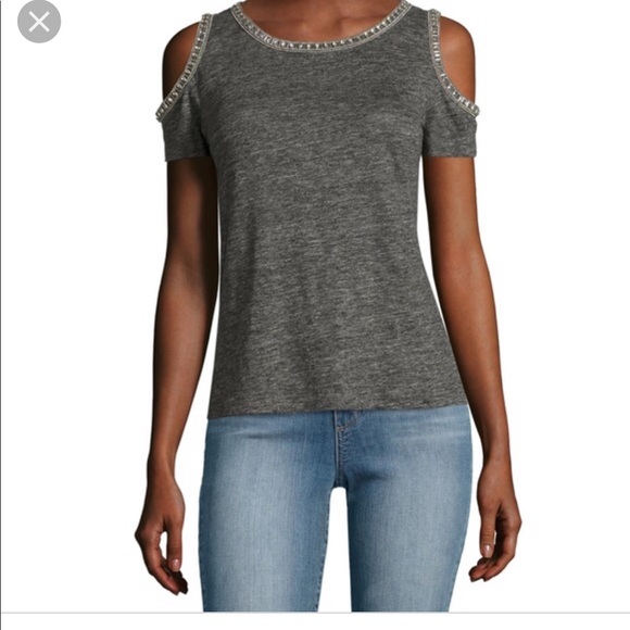 Generation Love Tops - Generation Love Cindy Womens Jeweled Cold Shoulder Casual Top, Grey